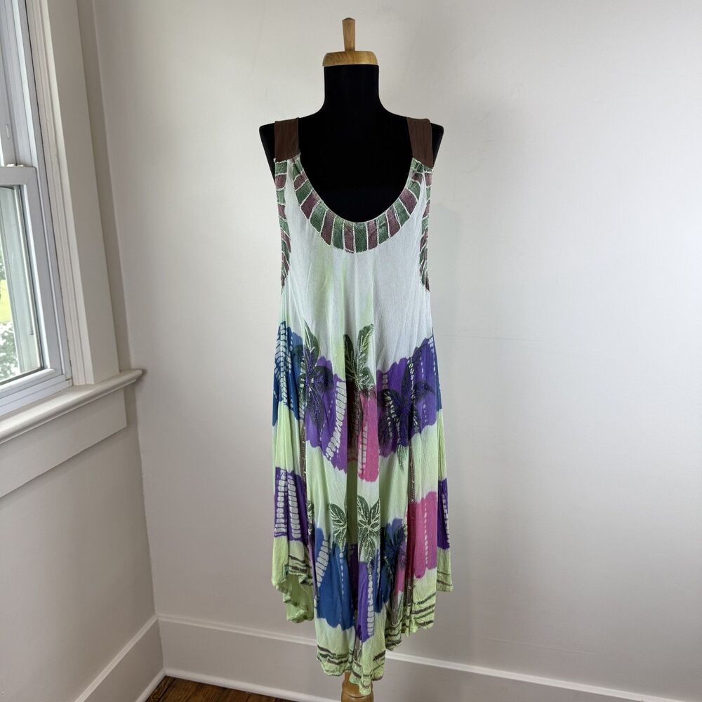 Vintage Boho Palm Tree Embroidered Rayon Swing Dress | India Boutique